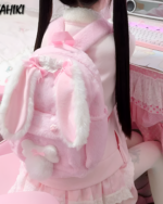 Pink Fluffy Rabbit Eared Backpack Jojifuku, featuring soft ears and bow details.