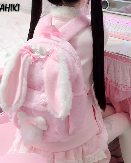 Pink Fluffy Rabbit Eared Backpack Jojifuku, featuring soft ears and bow details.