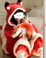 Red fox Fluffy Kigurumi, a plush hooded robe with animal ears and a matching plush toy. Comfortable and cozy wear.