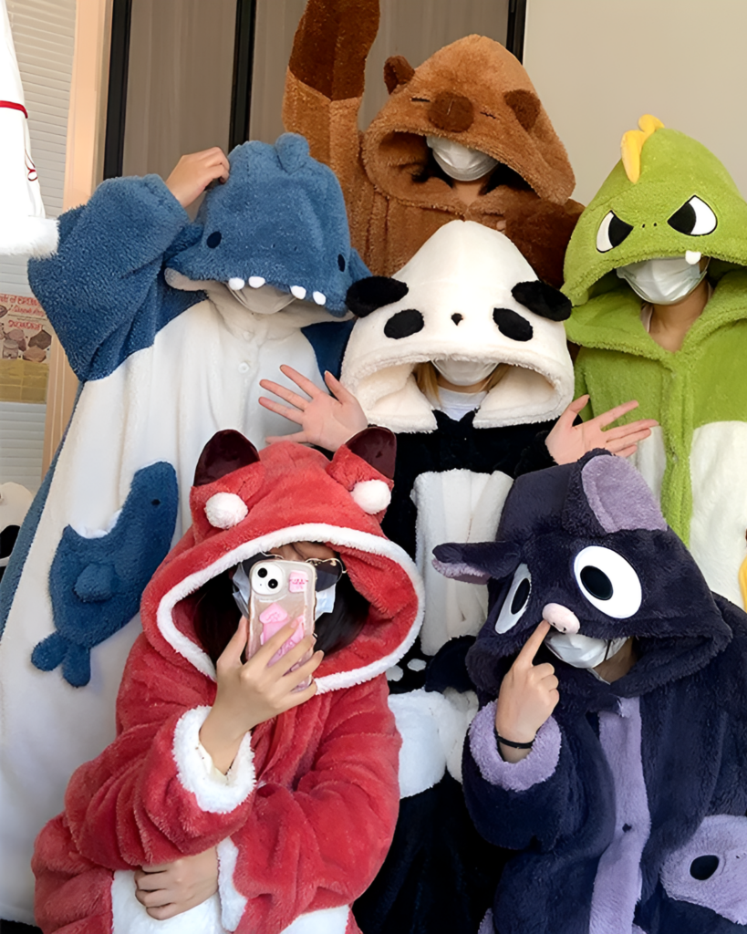 Group of people wearing colorful Fluffy Kigurumi robes shaped like animals: dinosaur, panda, cat, and more.
