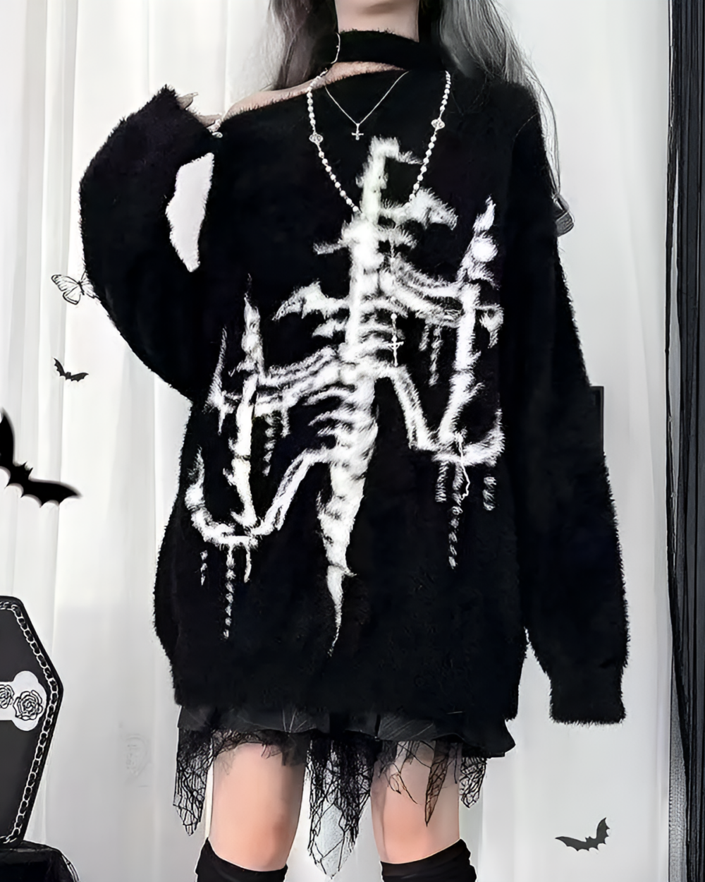 Black Gothic fluffy sweater with a detailed skeletal print, Harajuku style.