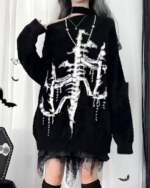 Black Gothic fluffy sweater with a detailed skeletal print, Harajuku style.