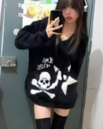 Black Gothic fluffy sweater with skull and crossbones design, Harajuku edition.