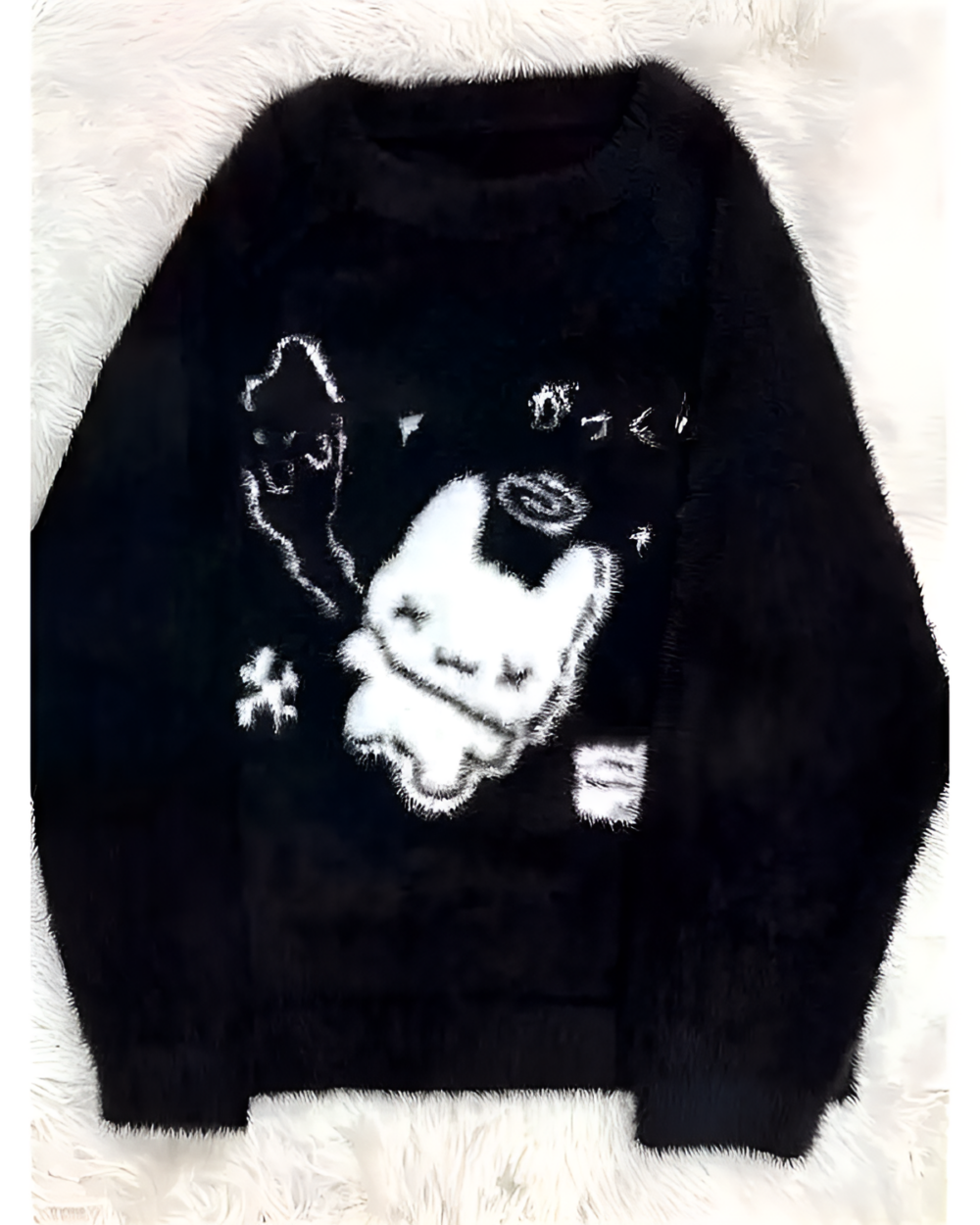 Black Gothic fluffy sweater with a white graphic print.