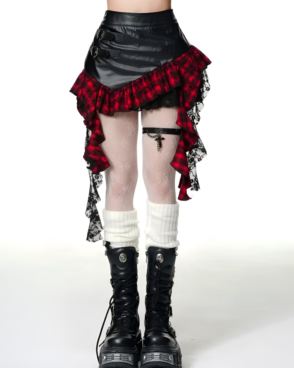 Model wearing a black and red gothic pleated skirt with lace and patchwork details.