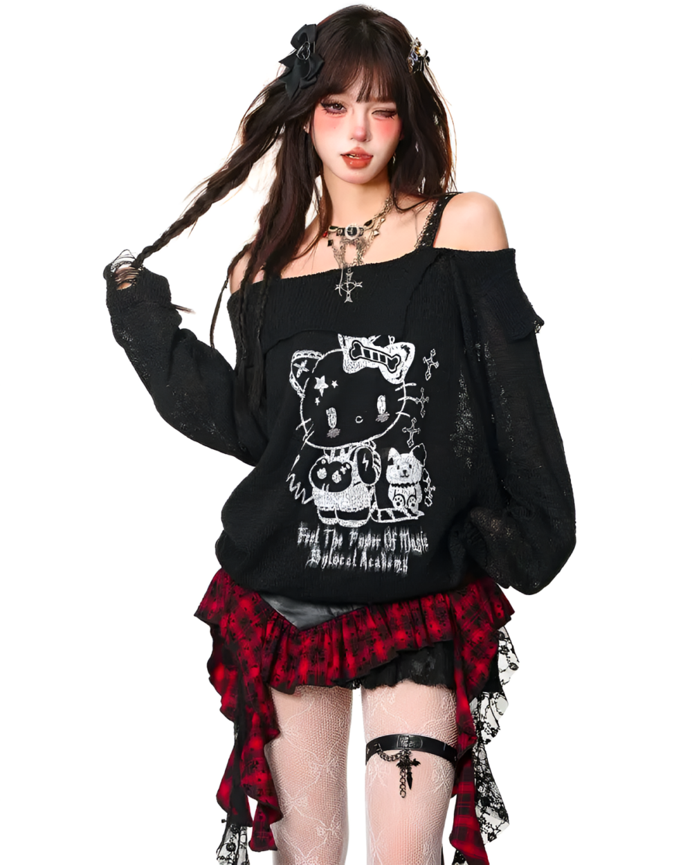 Model wearing a black long sleeve shirt and a red gothic pleated skirt. The skirt features a plaid pattern and lace trim.