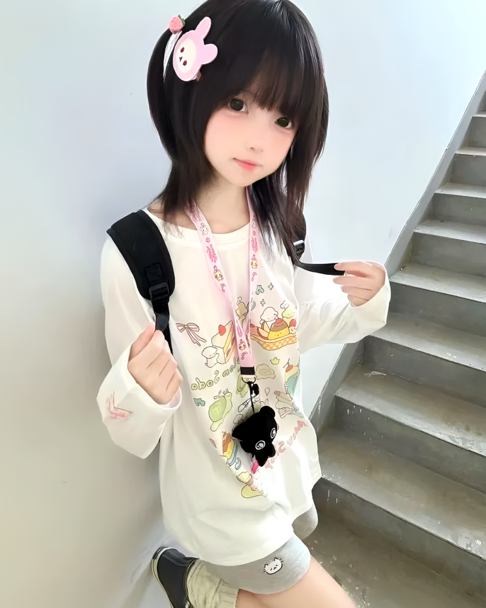 Person wearing a Harajuku Desserts T-Shirt featuring dessert-themed illustrations.