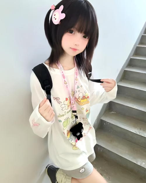 Person wearing a Harajuku Desserts T-Shirt featuring dessert-themed illustrations.