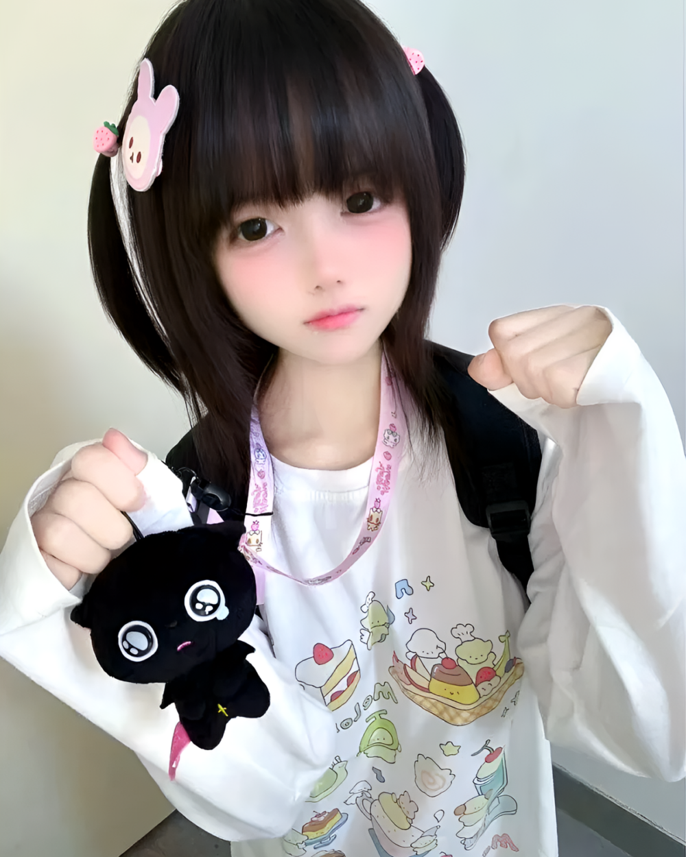 Person wearing a Harajuku Desserts T-Shirt featuring cute character prints.