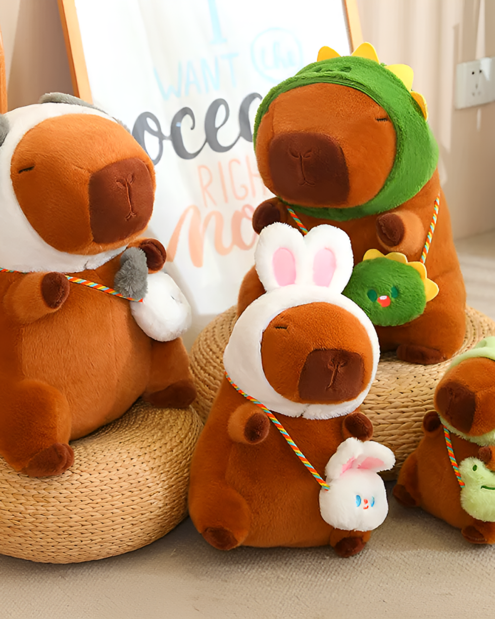 A group of Hatted Capybara Plushies - Squeaky Purse Edition. Featuring various colors and designs of the cute capybara plushie.