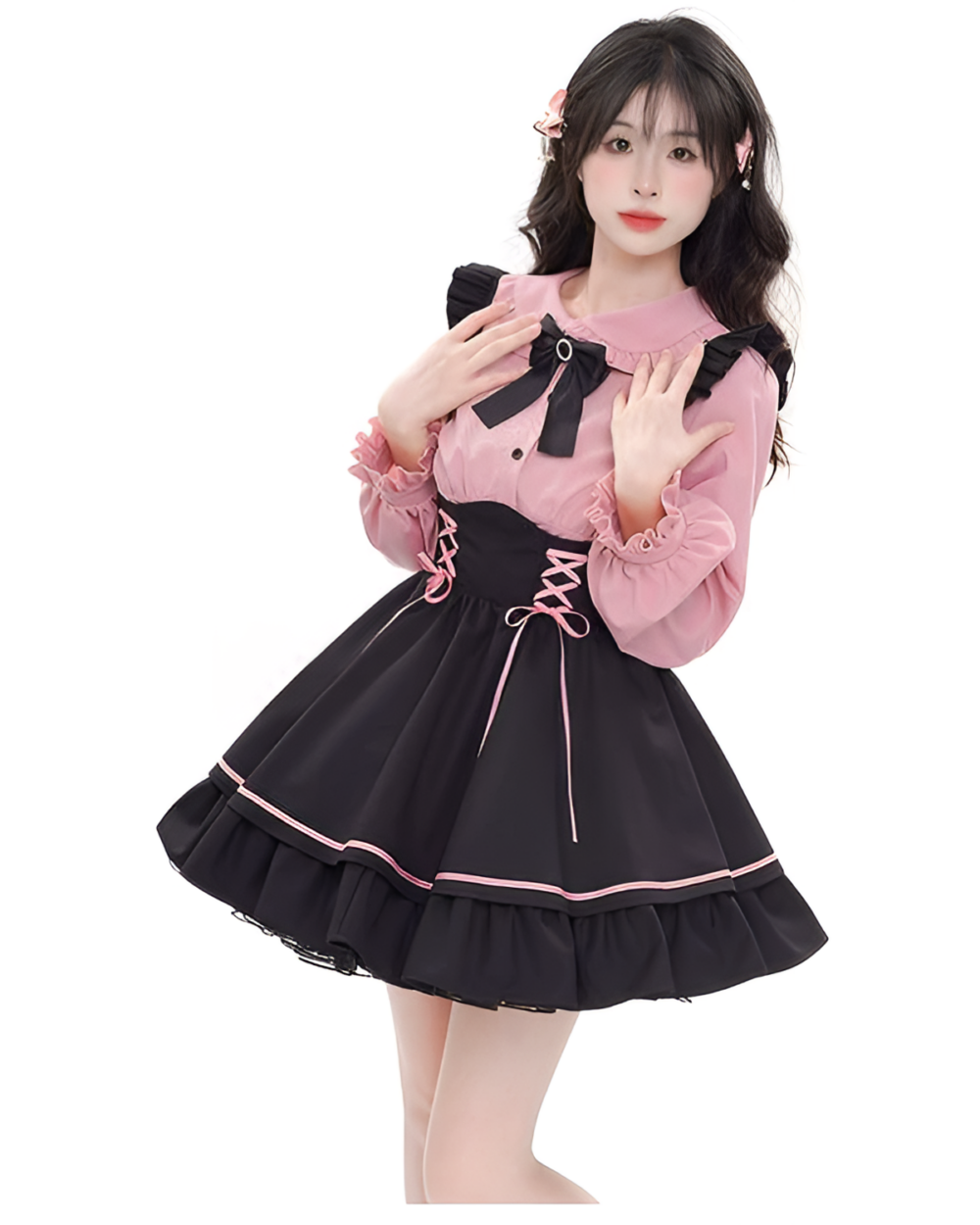 Model wearing a pink and black Jirai Kei outfit with a lace-up pinafore and ruffled details. A cute aesthetic.