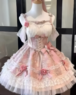 Pink Hime Lolita Dress on a mannequin, featuring lace, ruffles, and rose details.