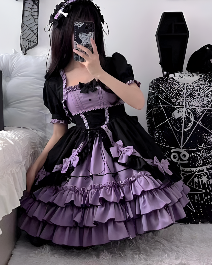 A layered Hime Lolita Dress Collection in black and purple with ruffles and lace details.
