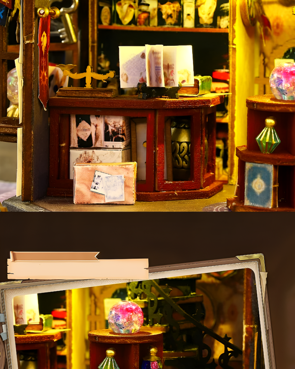 Detailed view of the Holo Magic City Building Set interior, showcasing a miniature study with books, a desk, and decorative items.