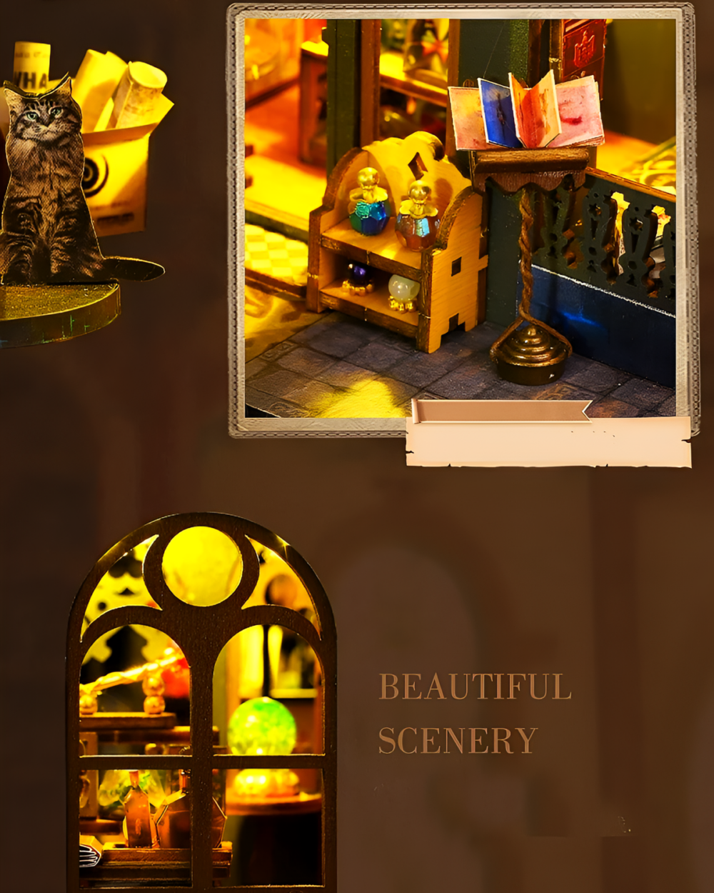 Detailed view of the Holo Magic City Building Set with a cat and illuminated miniature rooms.