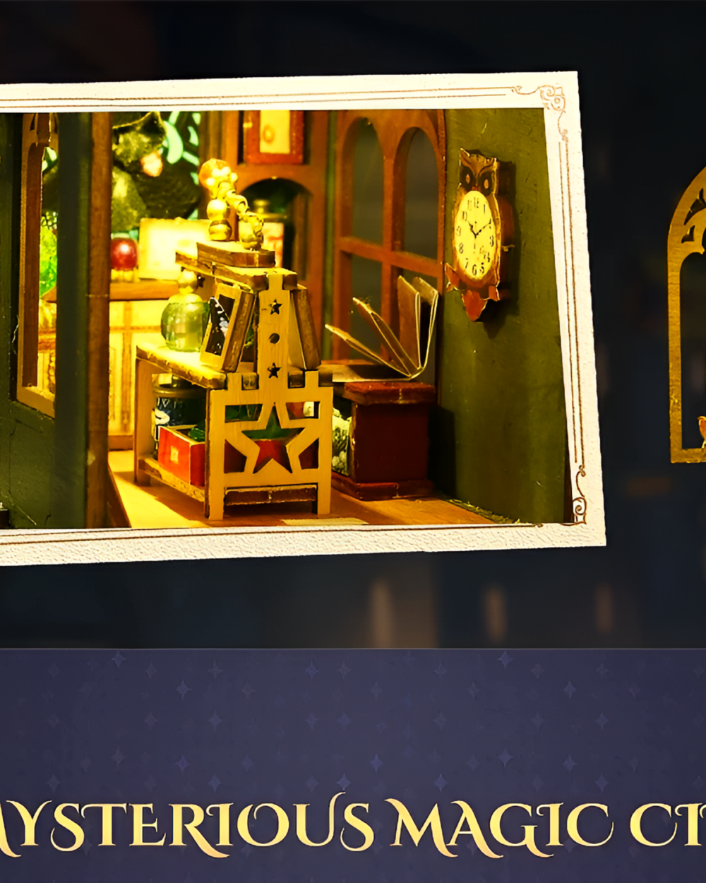 Interior view of the Holo Magic City Building Set with a detailed kitchen and clock. Miniature furniture is visible.