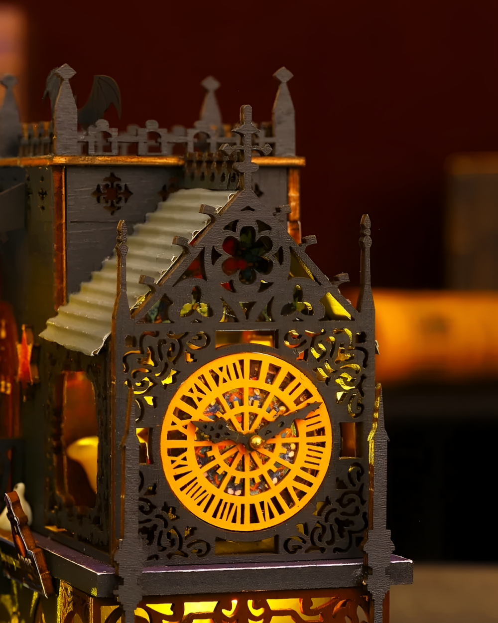 Detailed view of the Holo Magic City Building Set showcasing intricate clock tower design with glowing lights.