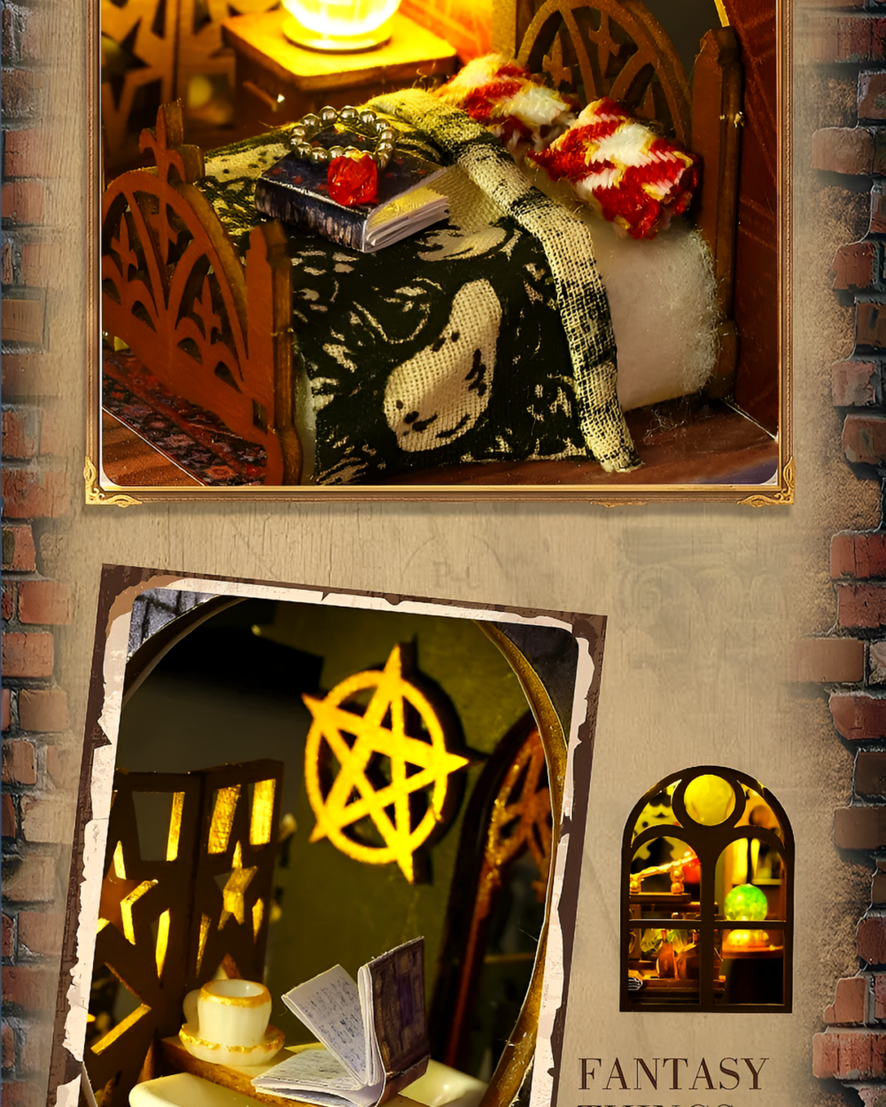 Detailed view of the Holo Magic City Building Set interior with miniature furniture, books, and mystic decorations.