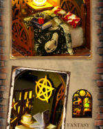 Detailed view of the Holo Magic City Building Set interior with miniature furniture, books, and mystic decorations.