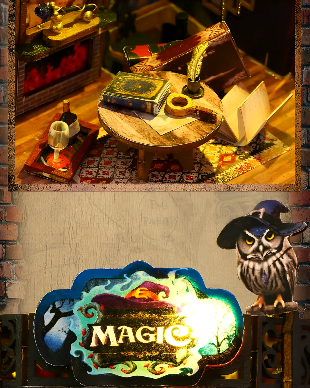Detailed view of the Holo Magic City Building Set interior with a table, book, and owl-themed sign.
