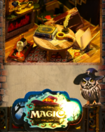 Detailed view of the Holo Magic City Building Set interior with a table, book, and owl-themed sign.