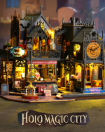 Illuminated Holo Magic City Building Set model with detailed storefronts and gothic architecture. A creative building toy.