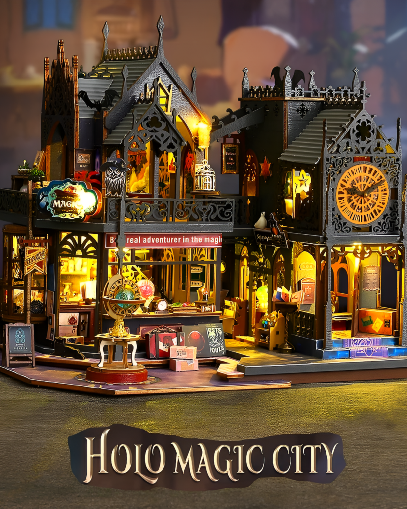 Illuminated Holo Magic City Building Set model with detailed storefronts and gothic architecture. A creative building toy.