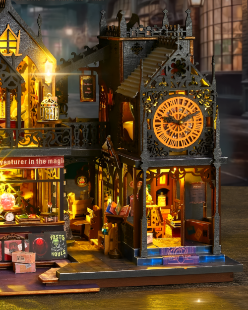 Detailed view of the Holo Magic City Building Set, a miniature illuminated clock tower and building facade.