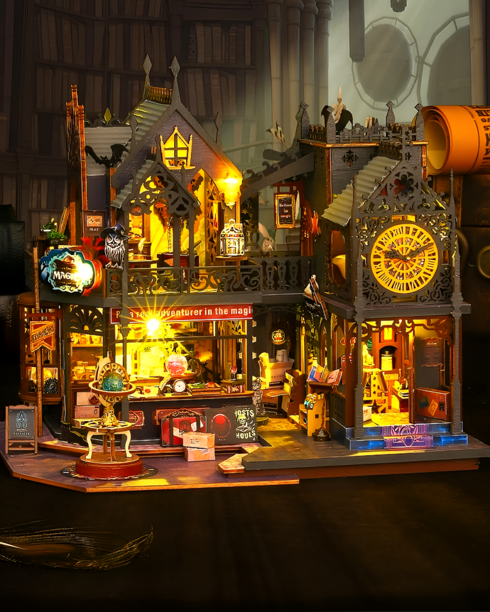 Detailed view of the Holo Magic City Building Set, a miniature illuminated city model with intricate architecture.