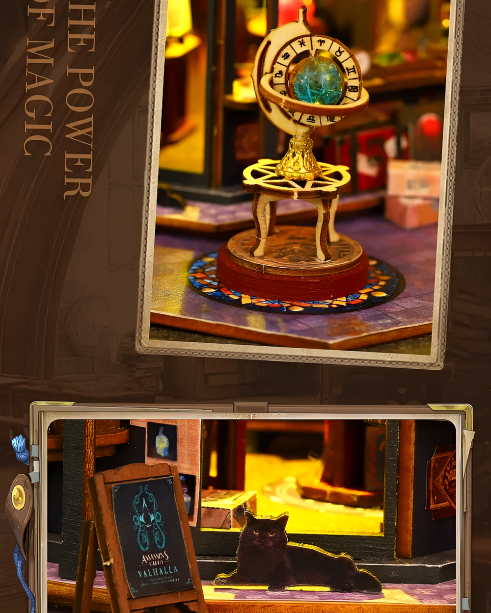 Detailed view of the Holo Magic City Building Set, showcasing a miniature room with magical elements and a black cat.