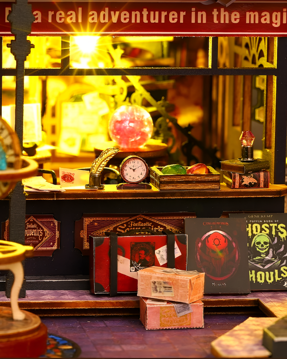 Close-up of the Holo Magic City Building Set featuring miniature books, a glowing orb, and detailed accessories.