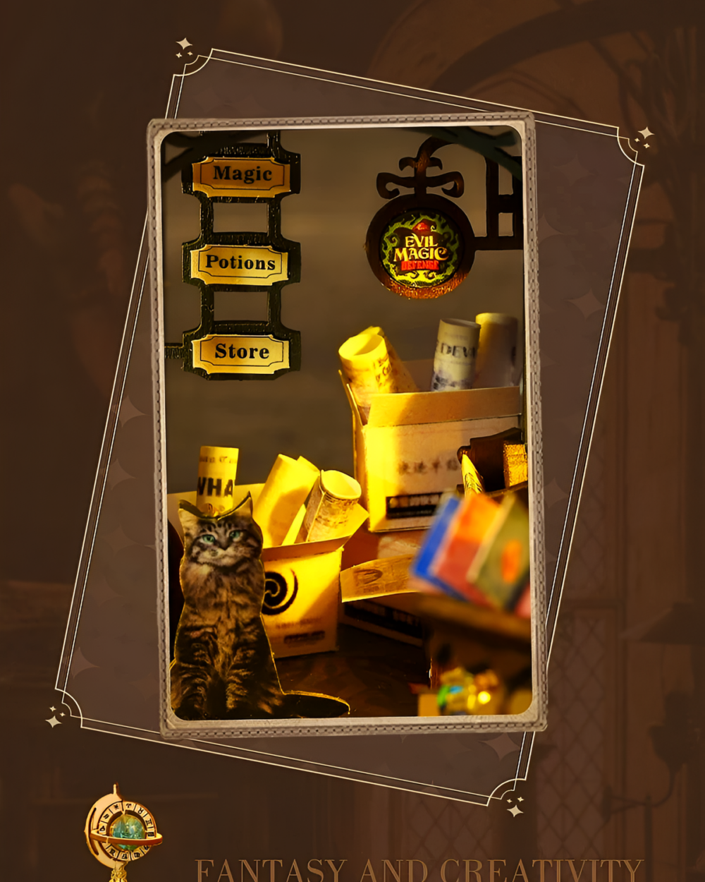 Detailed view of the Holo Magic City Building Set showcasing a fantasy scene with potions, a cat, and a magical store.