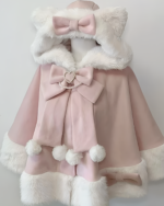 Pink Cat Eared Cloak with fluffy hood, bow, and pom-poms. A cute, hooded cape.