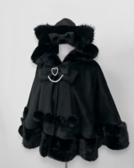 Black Hooded Fluffy Cat Eared Cloak with bow and embellishments.