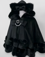 Black hooded Cat Eared Cloak with faux fur trim, bow, and embellishments.