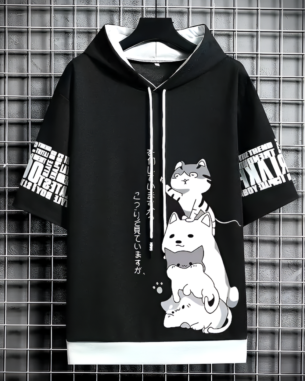 Black Harajuku aesthetic hoodie featuring cat illustration and character text.