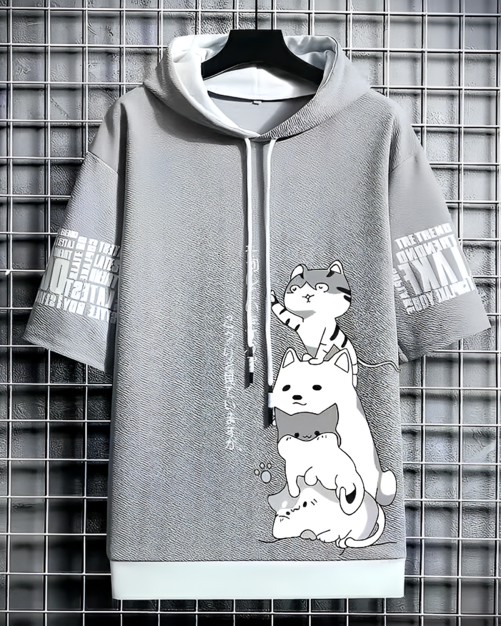 Gray Harajuku aesthetic hoodie featuring a cat illustration and layered design.