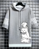 Gray Harajuku aesthetic hoodie featuring a cat illustration and layered design.