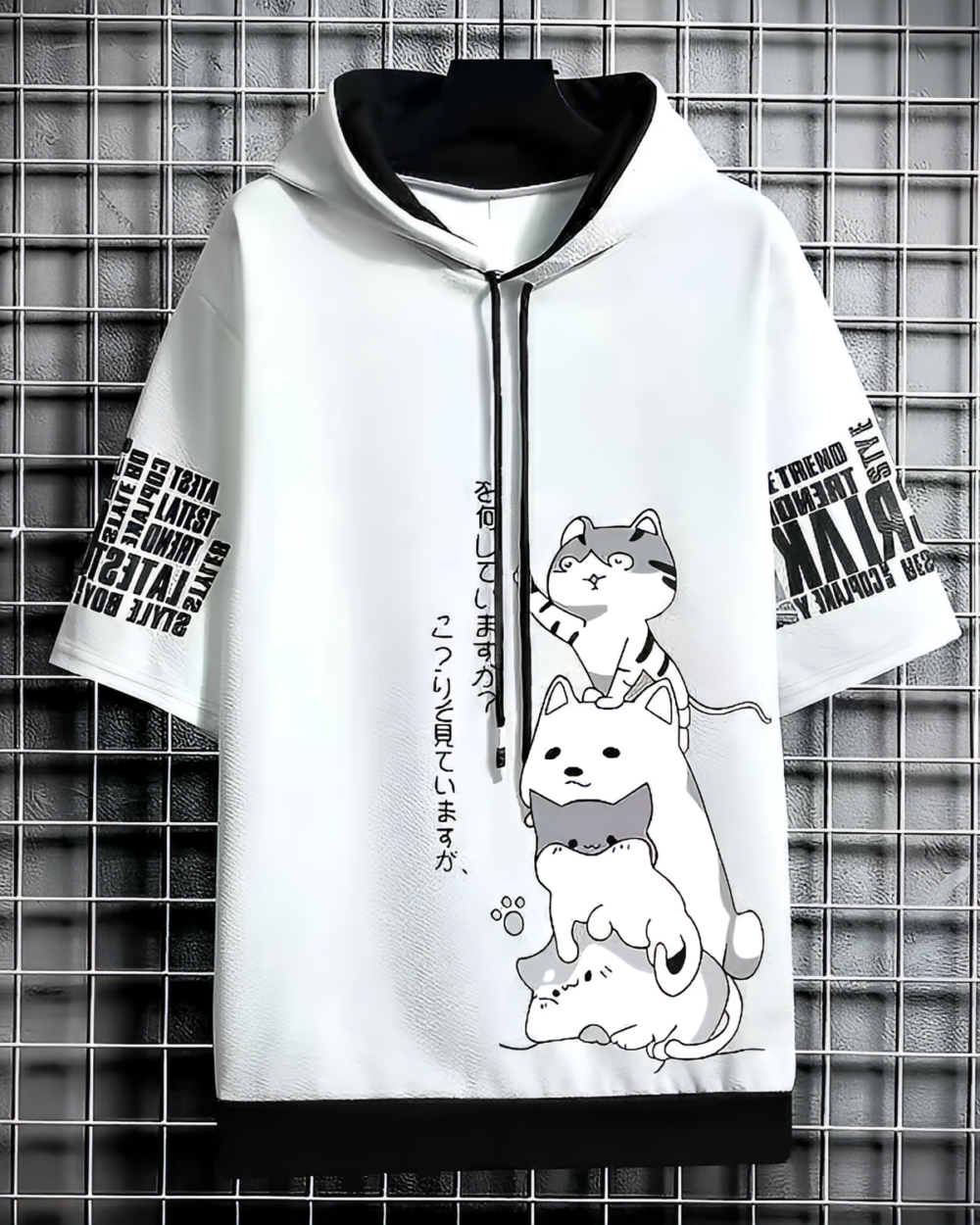 Harajuku aesthetic hoodie featuring a cat print and graphic design.