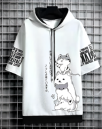 Harajuku aesthetic hoodie featuring a cat print and graphic design.