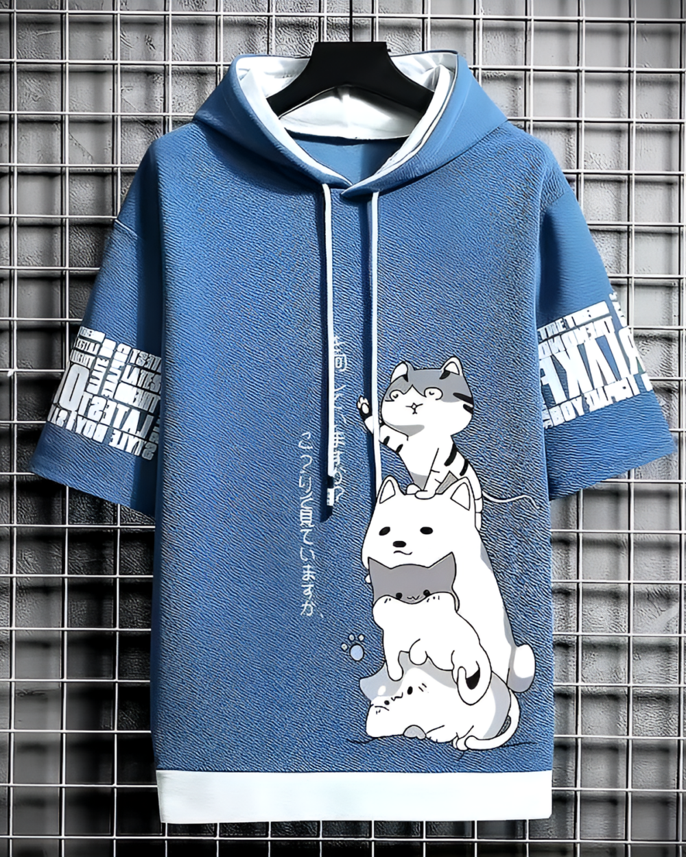 Blue Harajuku aesthetic hoodie featuring a cat graphic and Japanese text.