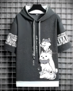 Black Harajuku aesthetic hoodie with cat graphic and Japanese text.