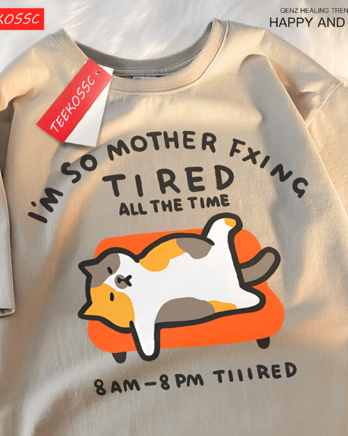 I'm So Mother Fxing Tired All the TIme Neko T-Shirt featuring a sleepy cat graphic. This is a light beige Tired Neko T-Shirt.