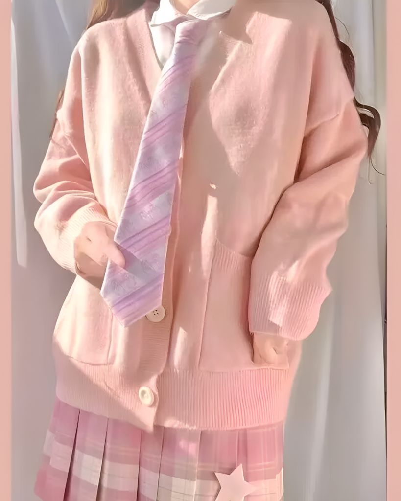 Pink JK cardigan sweater worn with a tie and plaid skirt. This soft knit cardigan features a classic design.