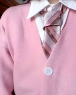 Close-up of a pink JK cardigan sweater worn over a collared shirt and tie. The sweater features a V-neck and button closure.