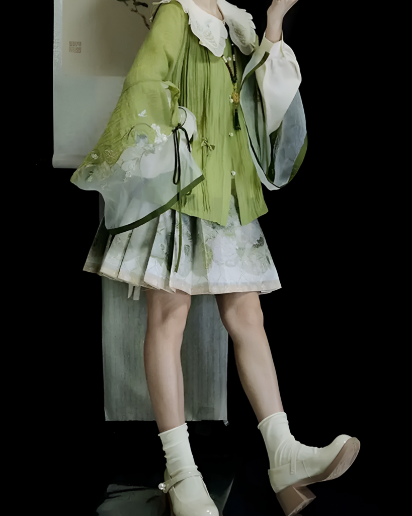 Model wearing a green Jade Blossom Neo-Hanfu set with floral details and layered skirt. Traditional Chinese inspired fashion.