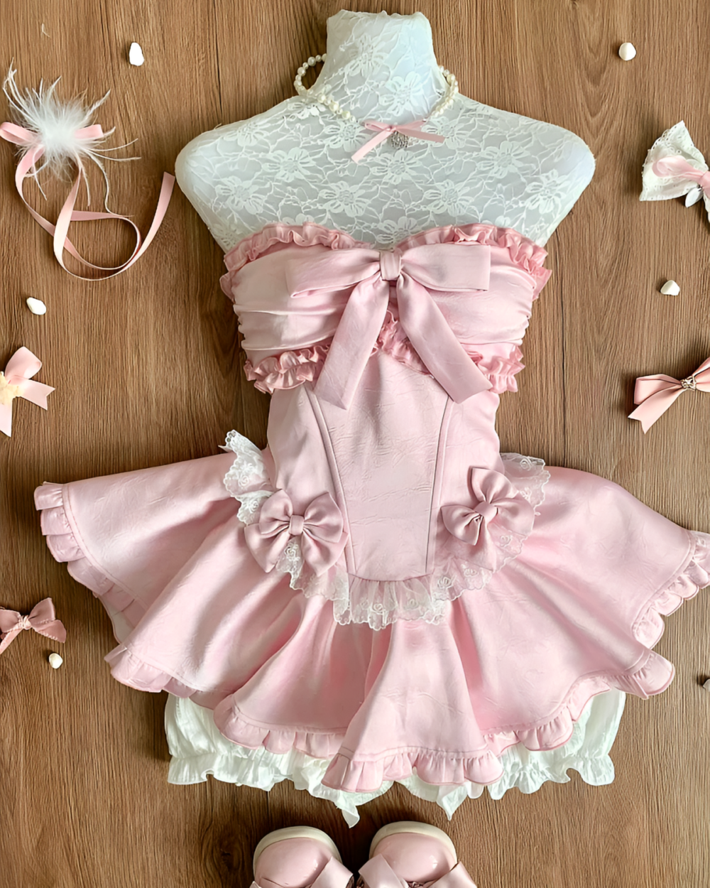 Pink Sweet Lolita dress on a mannequin with lace and bows. Y2k style evening dress.