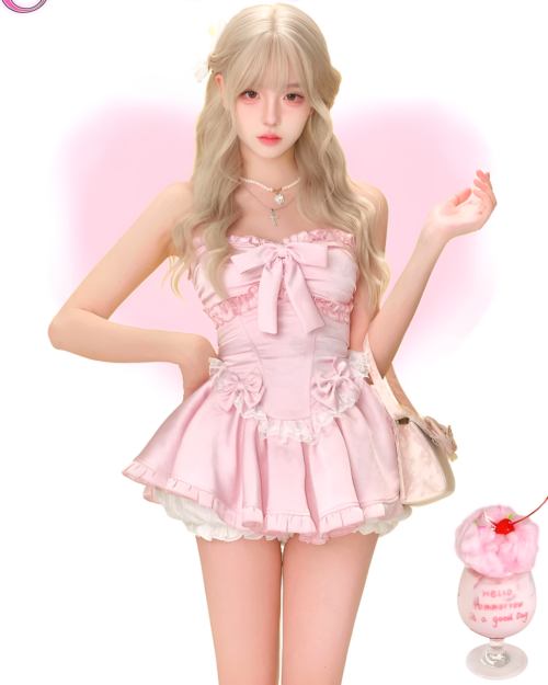 Pink Sweet Lolita dress worn by a model, featuring a bow and lace details.