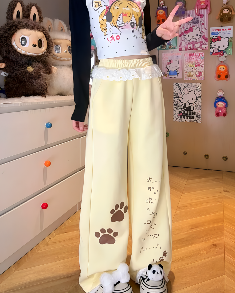 Kaomoji Paw Print Pants featuring paw print design, cutecore style.