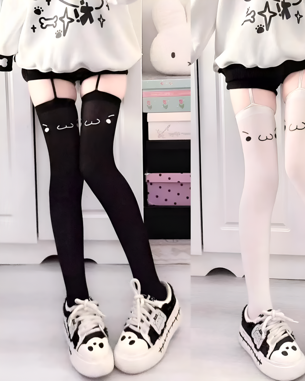 Kaomoji Suspender Stockings thigh-high socks with cat face design.